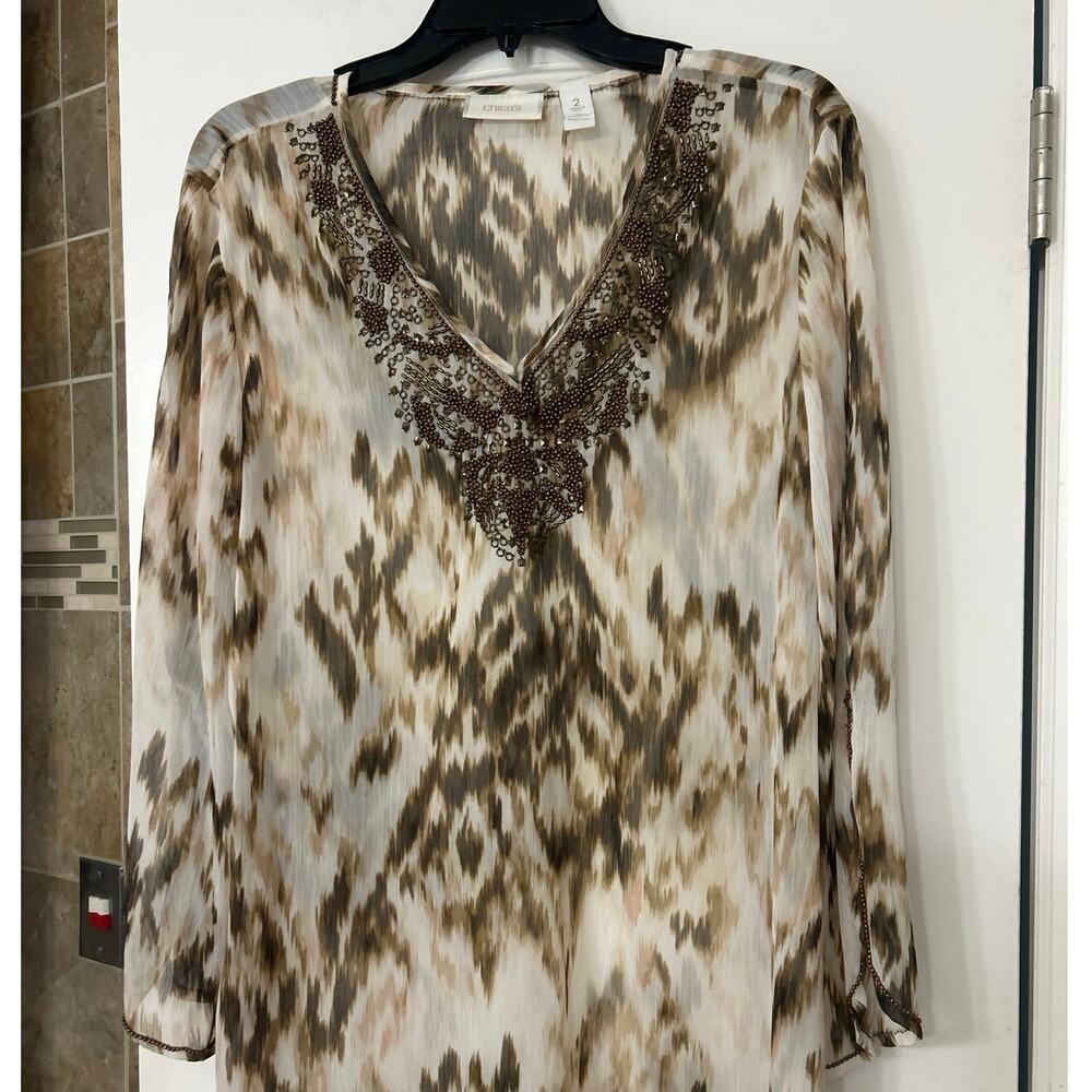 Chico’s Sheer Metal Embellishment Longline Split Sleeve Tunic Top Large Boho - Picture 3 of 13